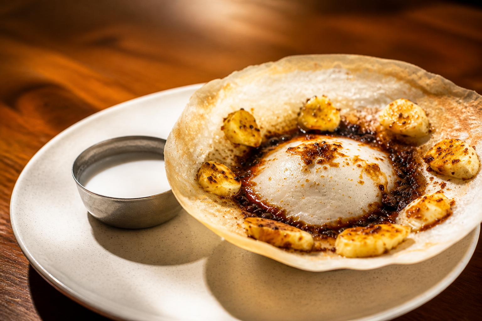 Bowl-shaped appam topped with banana pieces and a dark syrup, served with a small bowl of coconut milk.