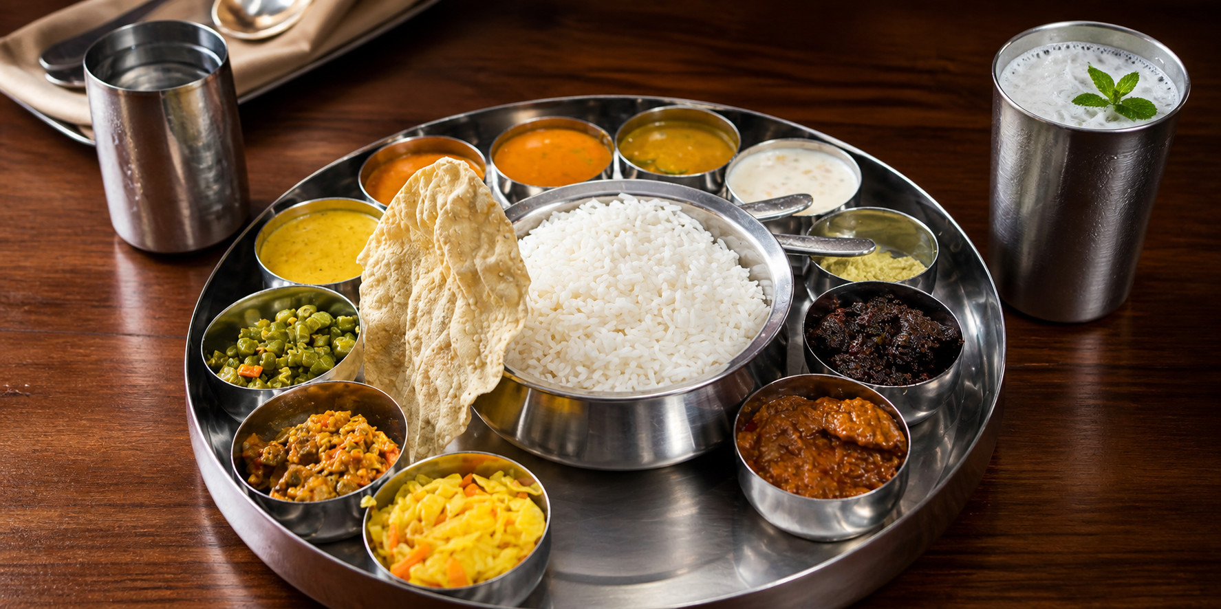 Overhead view of a stainless-steel thali with rice, papadum and an assortment of curries and vegetable sides on a wooden table.